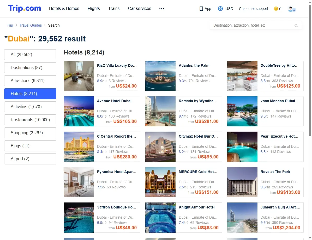 Screenshot von Hotelangeboten für Dubai