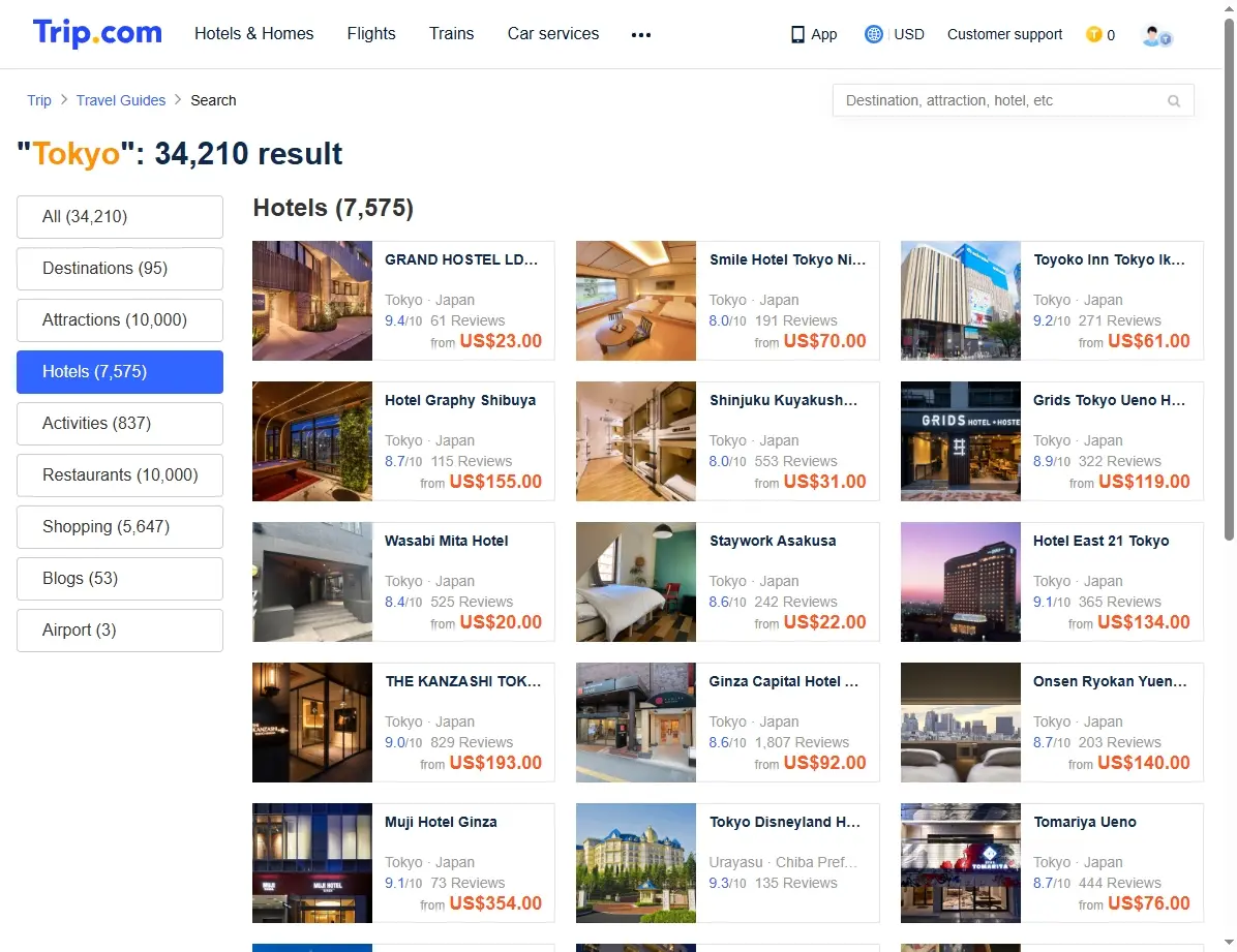 Screenshot eines Hotelbuchungsportals mit Angeboten für Tokio