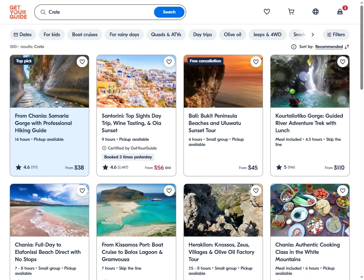Screenshots von Aktivitäten und Touren auf Kreta