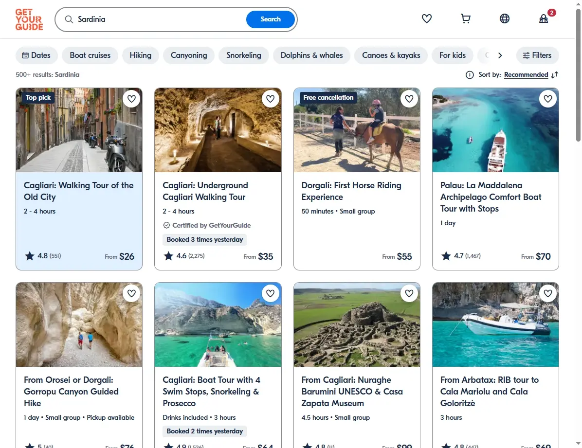 Screenshot von Aktivitäten und Touren in Sardinien