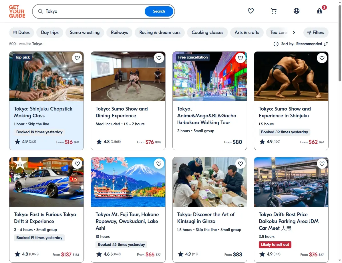 Screenshot einer Seite mit Aktivitäten und Touren in Tokio