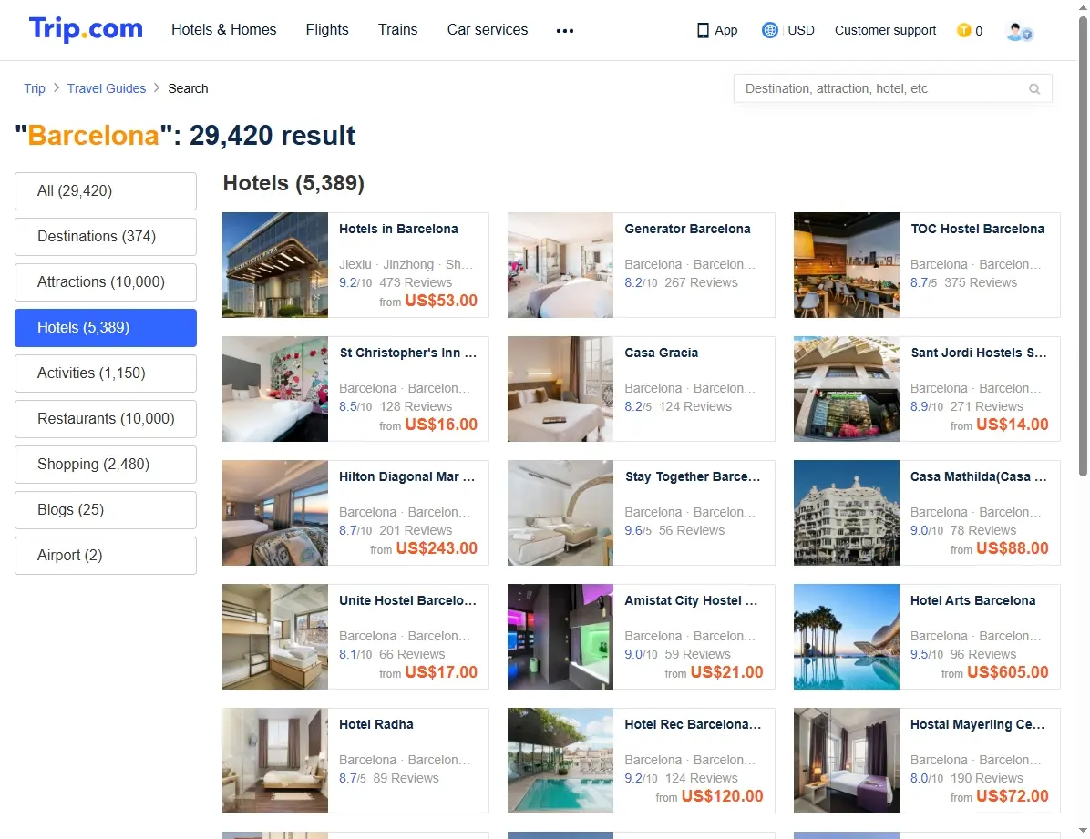 Screenshot einer Hotelbuchungsseite mit Angeboten für Barcelona