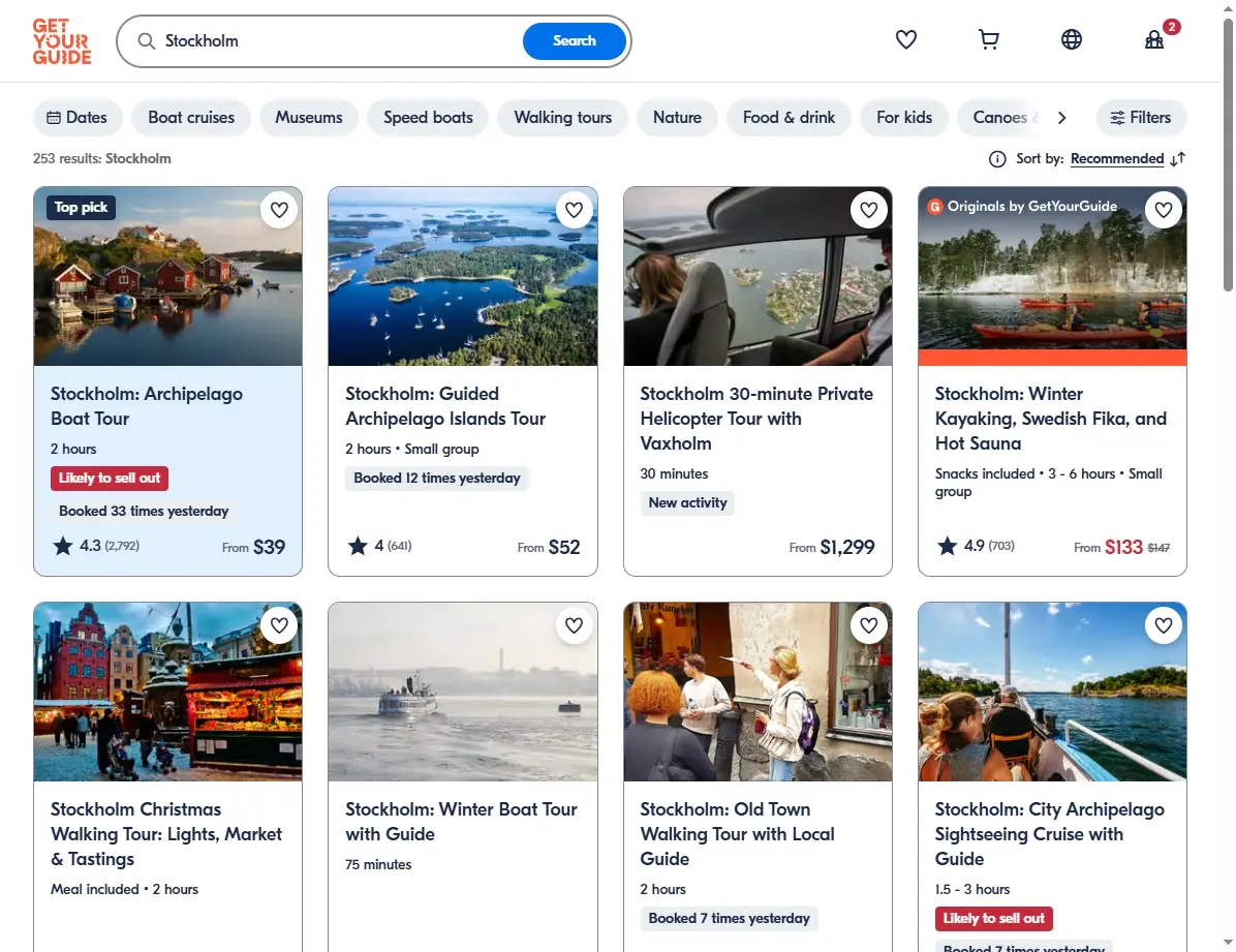 Screenshot einer Website mit Aktivitäten-Angeboten in Stockholm