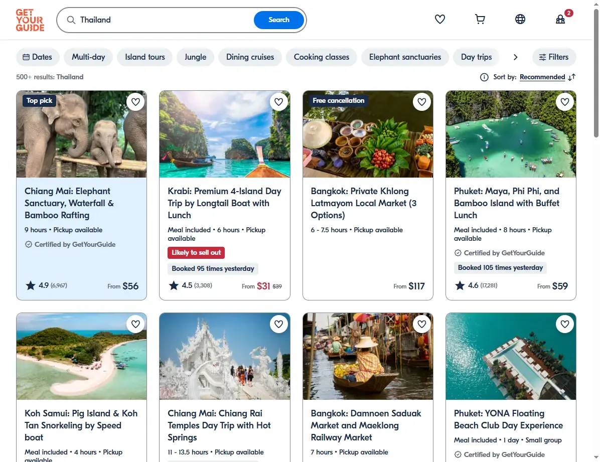 Screenshot einer Aktivitätsbuchungsseite mit Touren in Thailand.