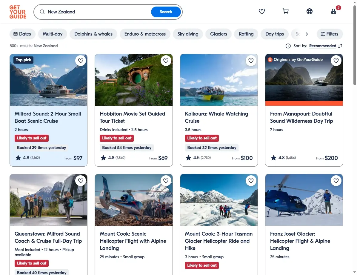 Screenshot einer Website mit Aktivitäten- und Tourenangeboten in Neuseeland