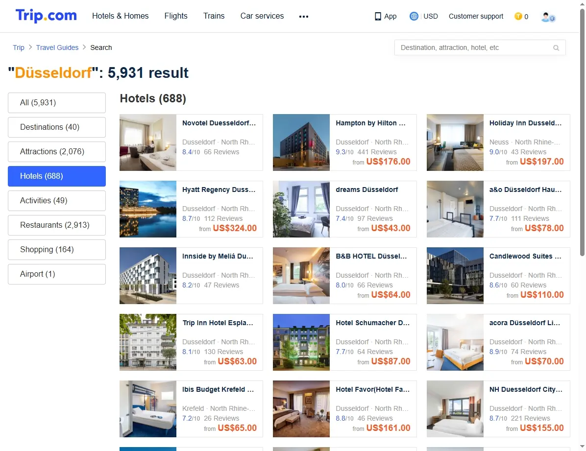 Screenshot einer Website mit Hotelangeboten in Düsseldorf