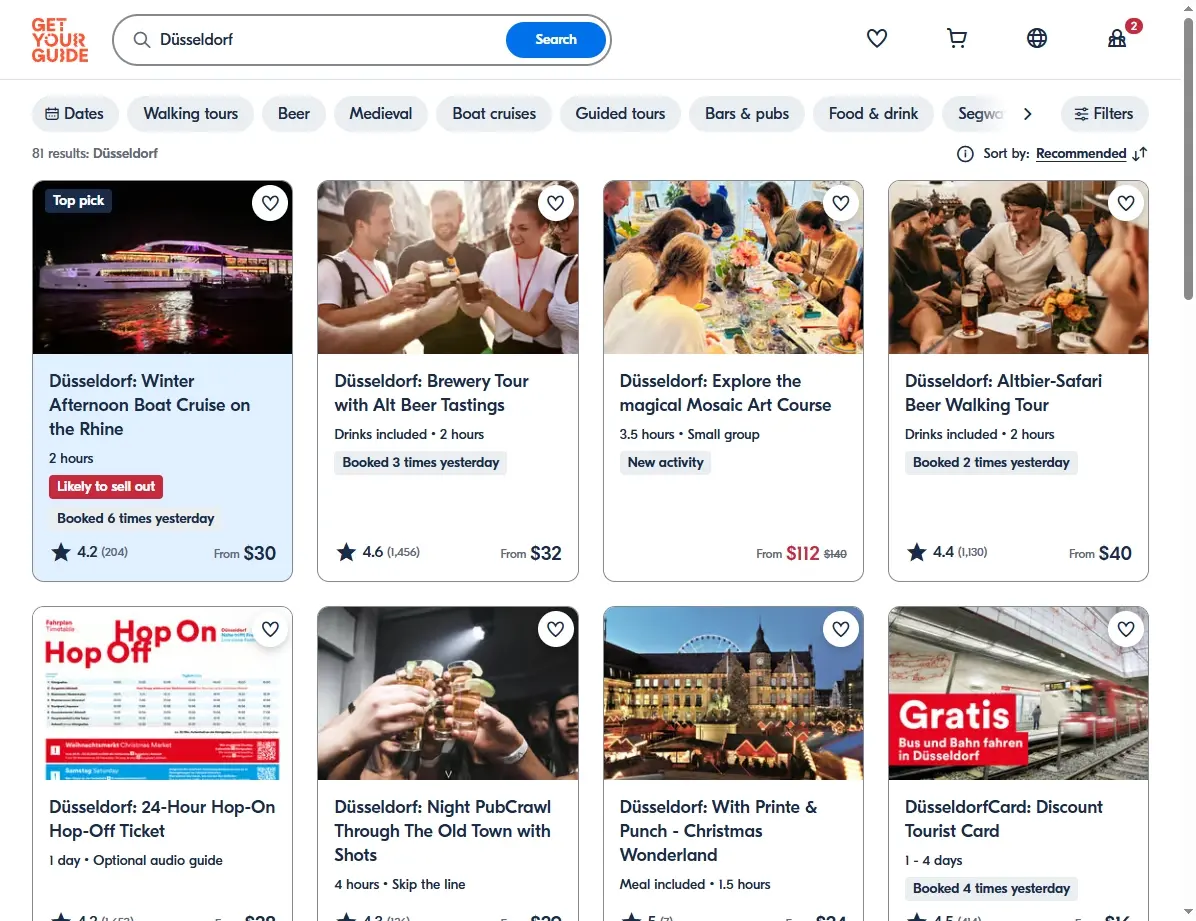 Screenshot einer Website mit Aktivitäten- und Touren-Angeboten in Düsseldorf
