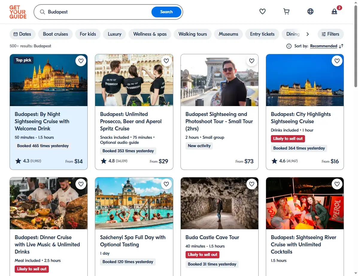 Screenshots von Aktivitäten und Touren in Budapest