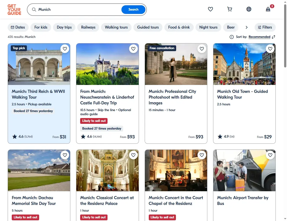 Übersicht der Aktivitäten und Touren in München auf GetYourGuide