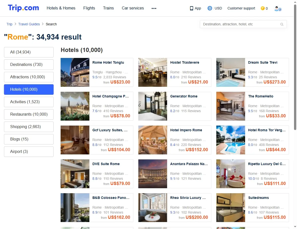 Screenshots von Hotelangeboten in Rom