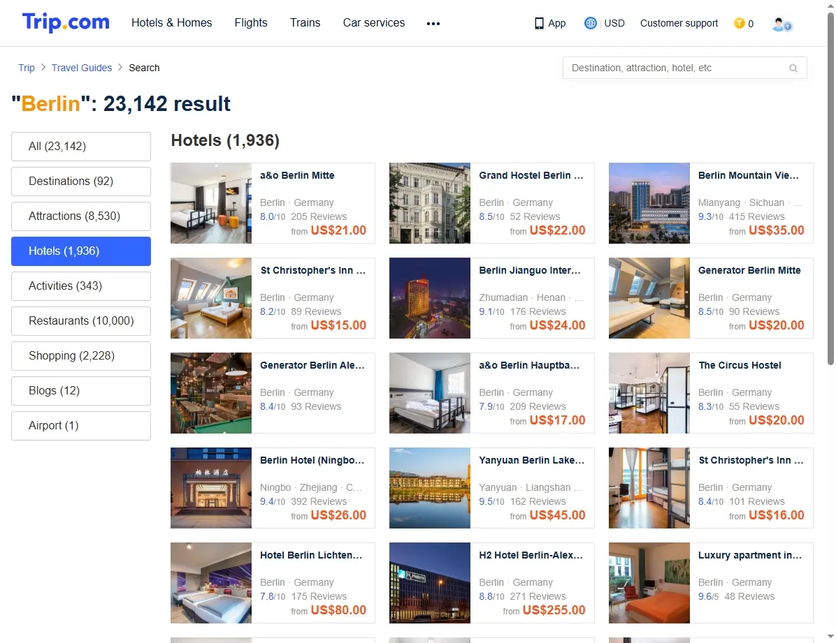 Übersicht von Hotelangeboten in Berlin