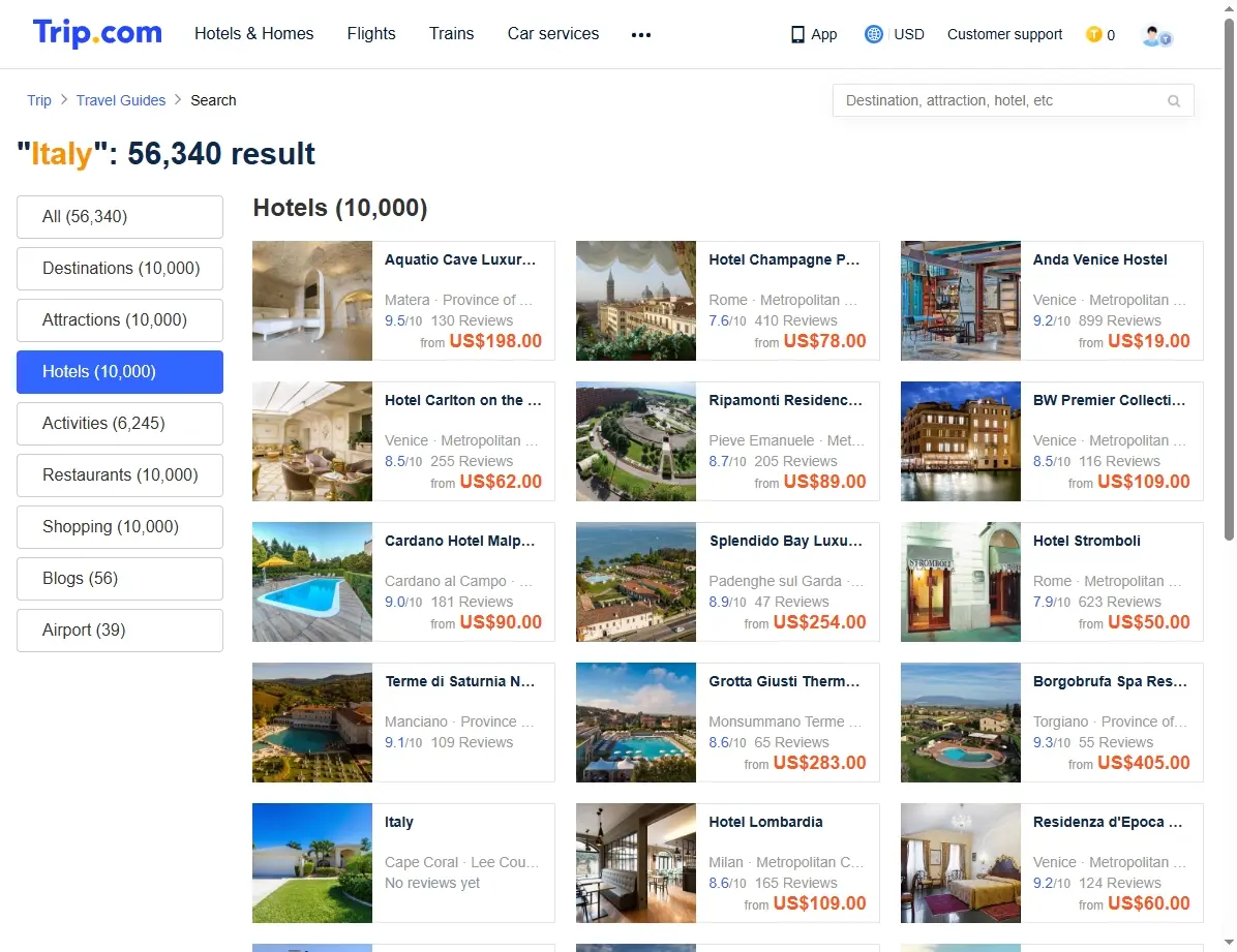 Screenshot einer Website mit Hotelangeboten in Italien