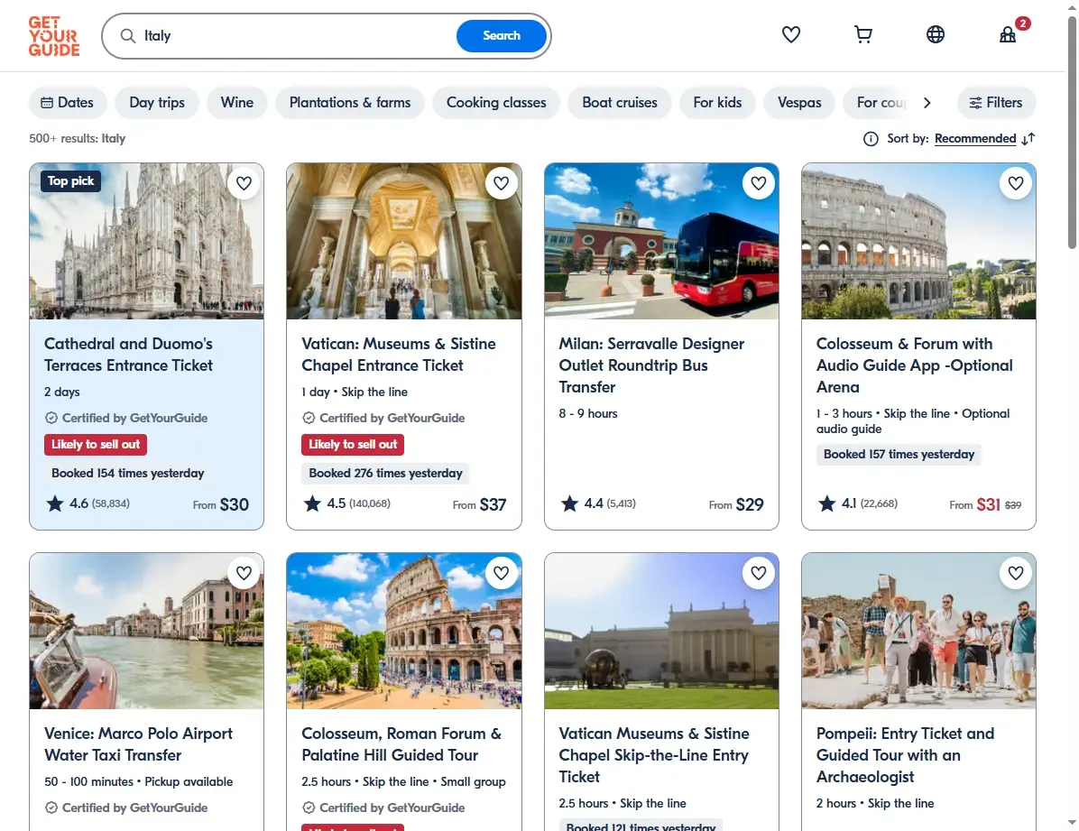 Screenshot einer Website mit Aktivitäten-Angeboten in Italien