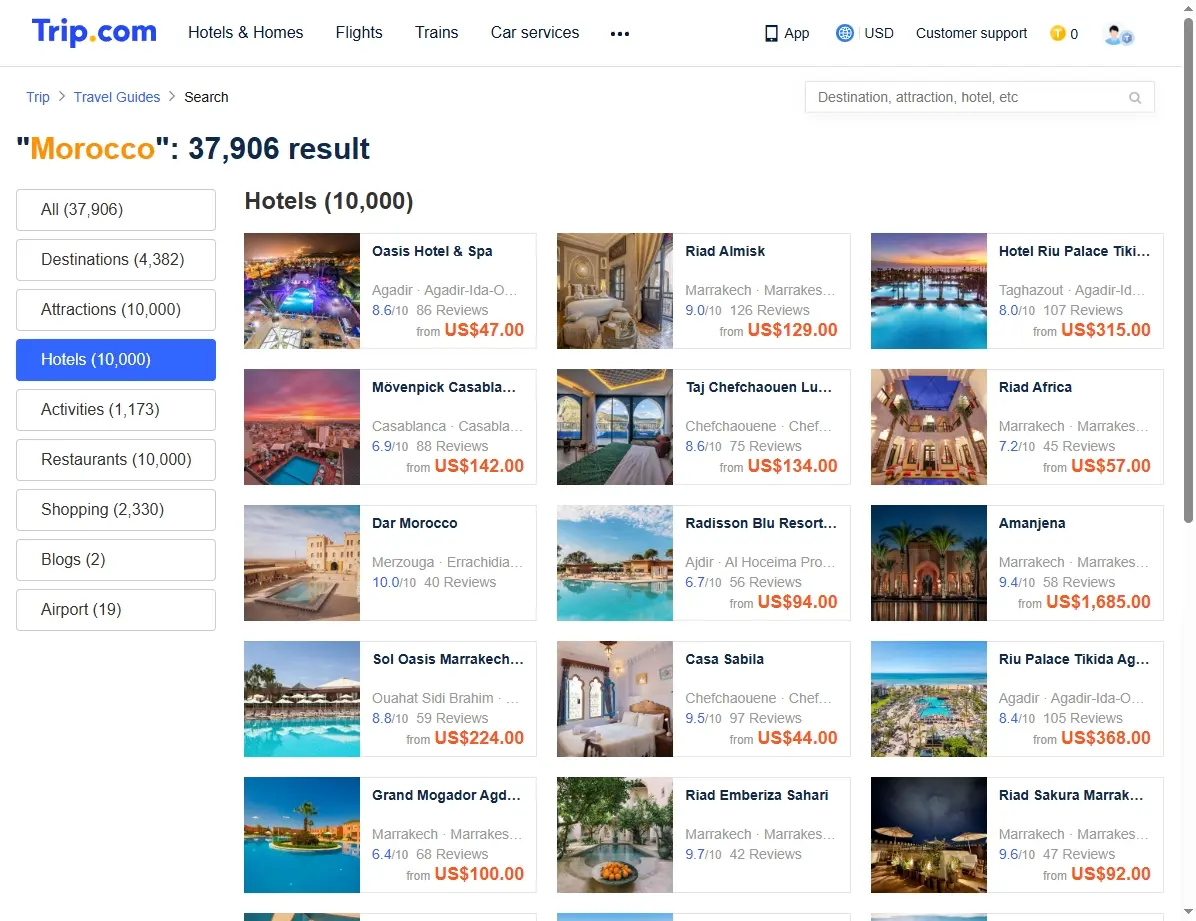 Übersicht der besten Hotels in Marokko auf einer Buchungsseite