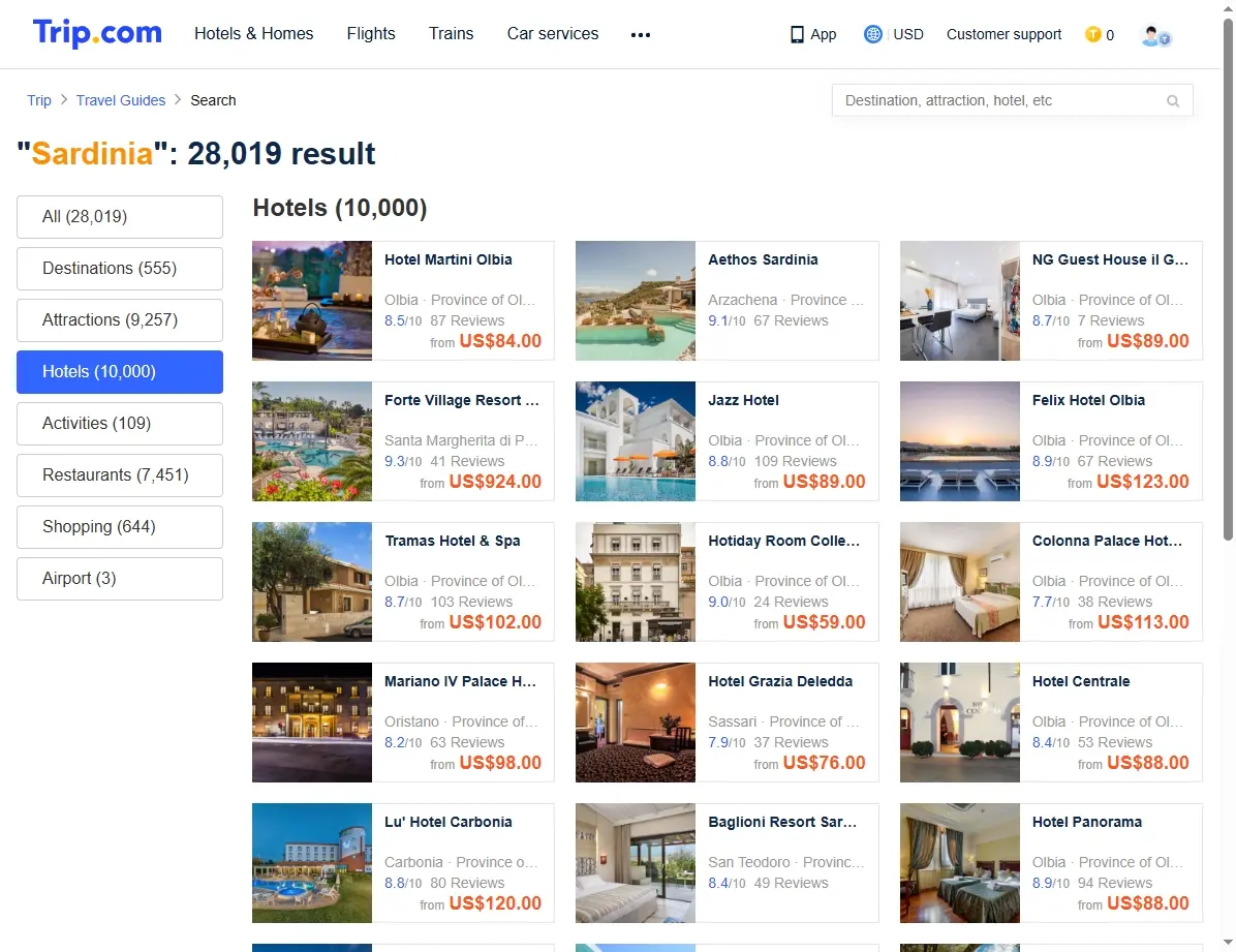 Hotel-Screenshot mit Sardinien-Angeboten
