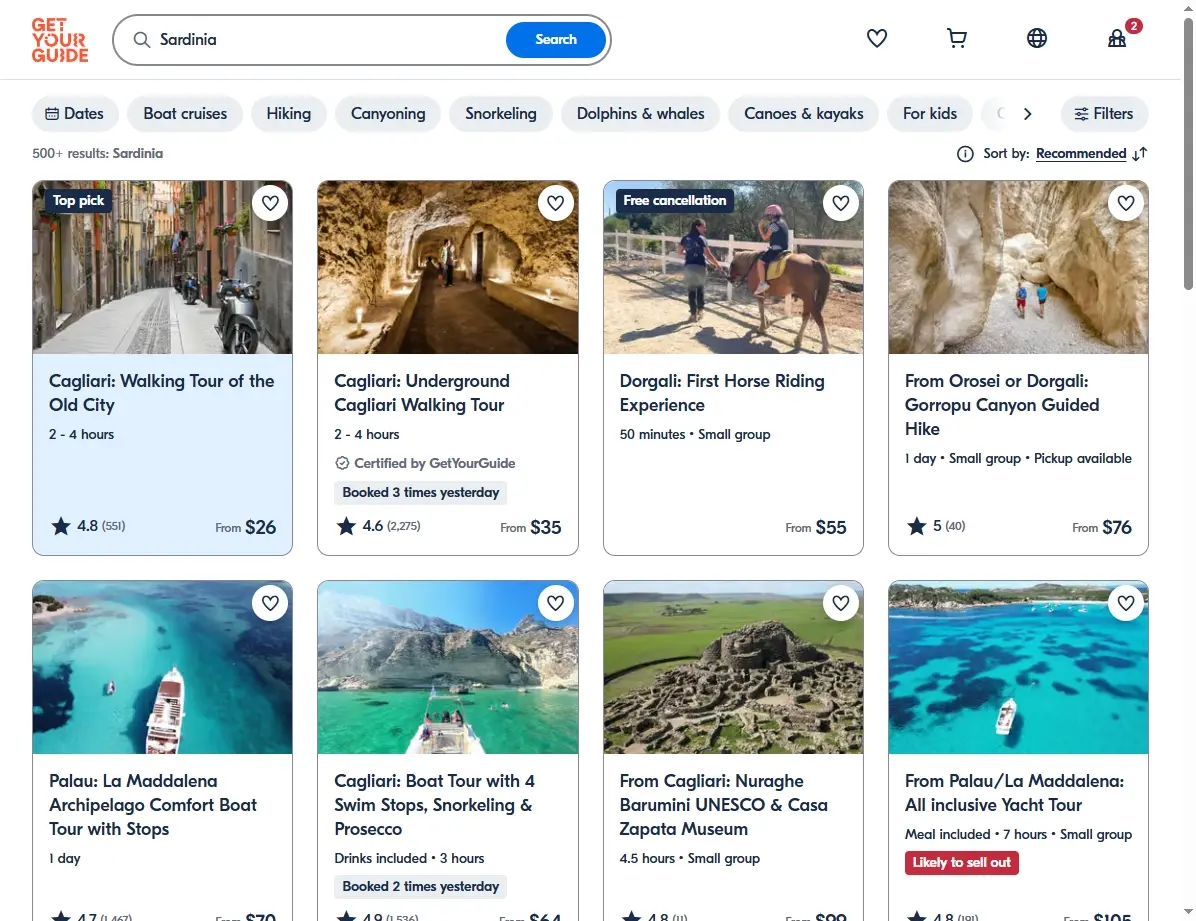 Aktivitäten-Screenshot mit Sardinien-Angeboten