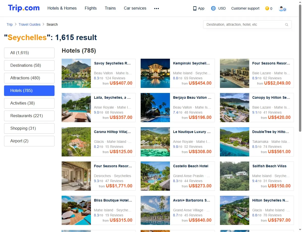 Screenshot von Hotelangeboten auf den Seychellen