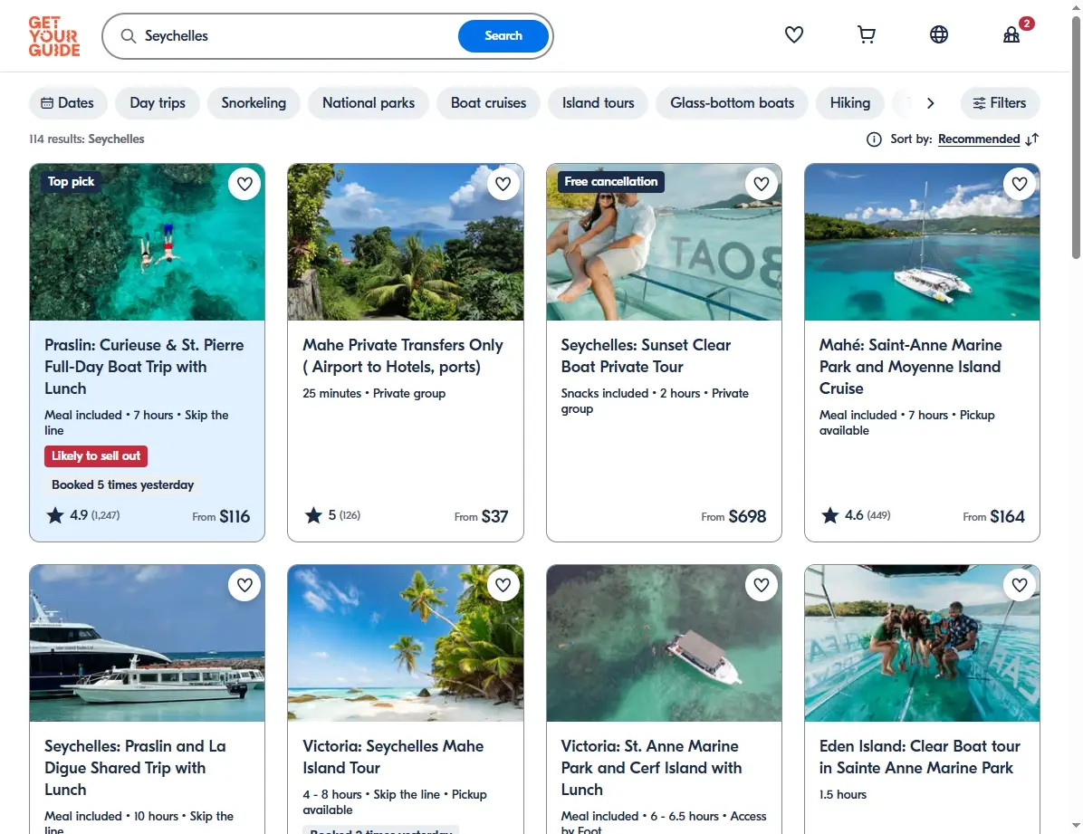 Screenshot von Aktivitäten und Touren auf den Seychellen