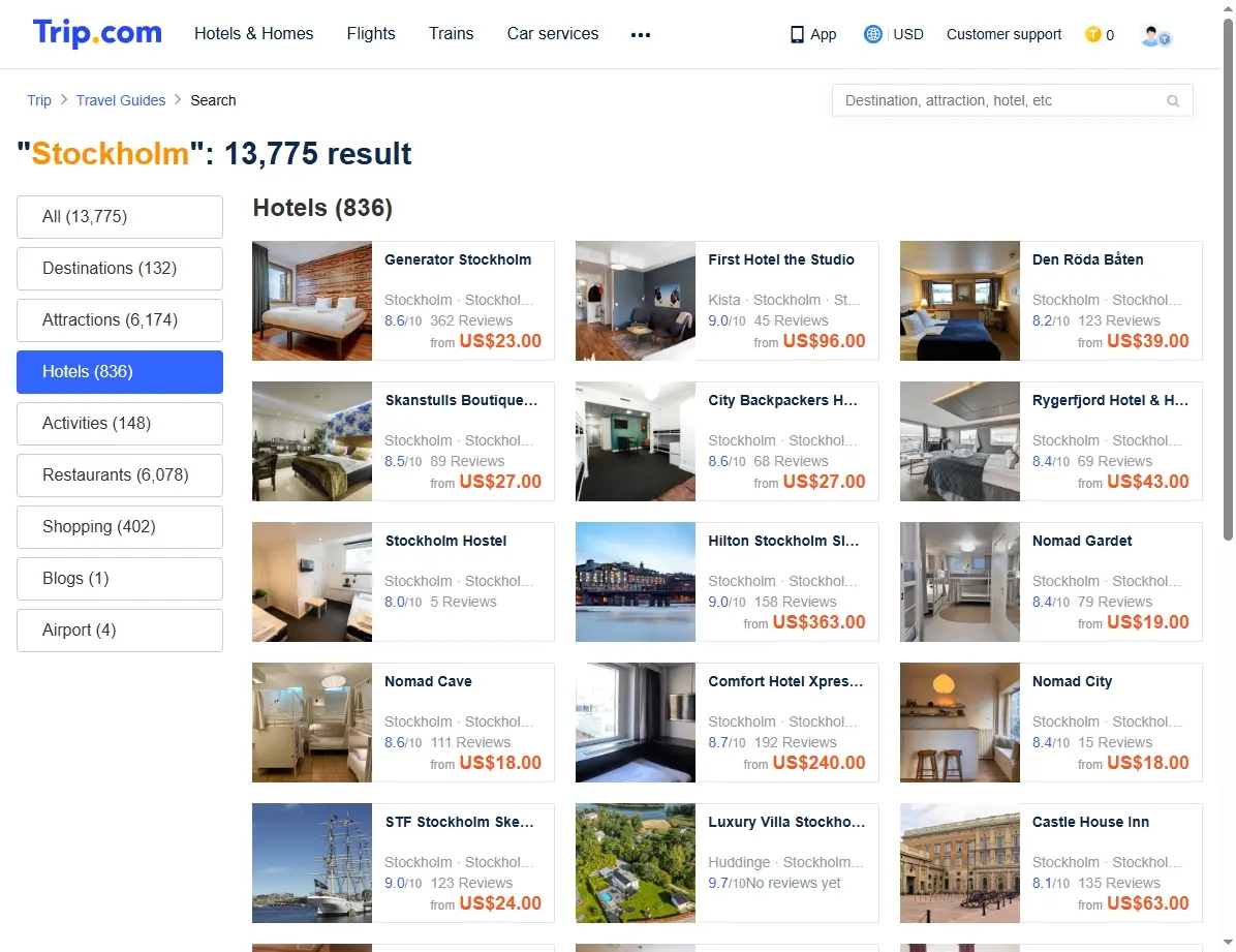 Hotelangebote in Stockholm – Screenshot der Buchungsplattform