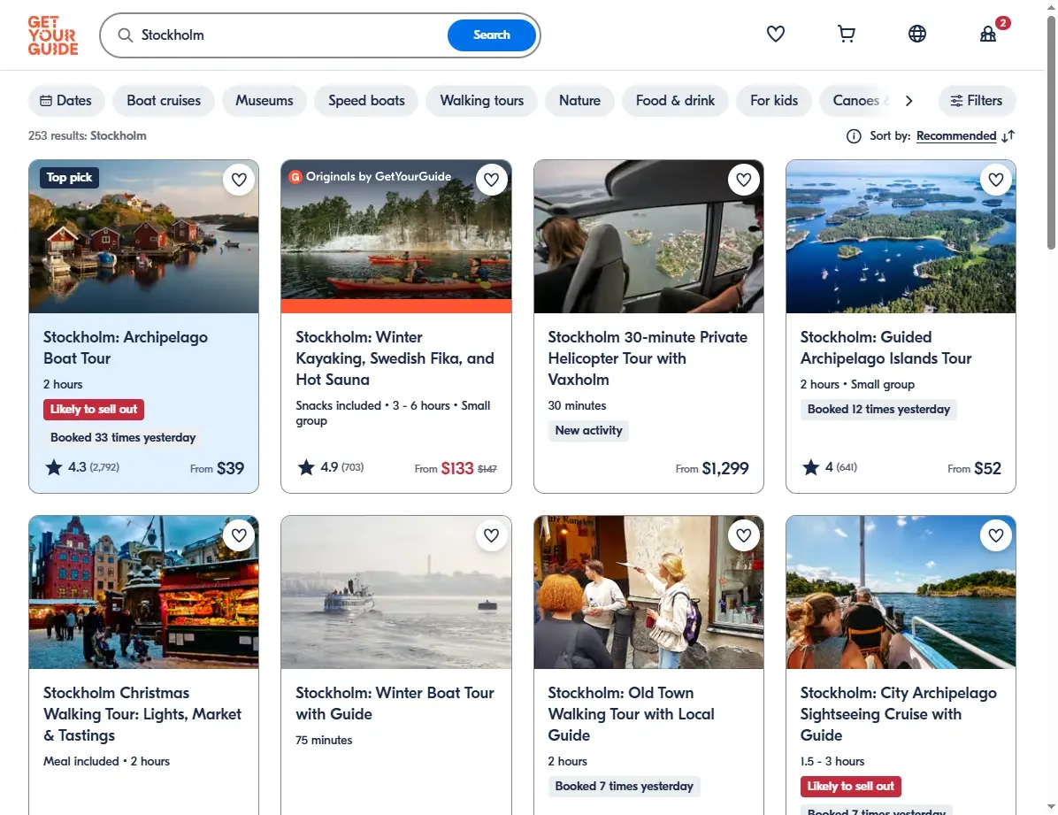 Aktivitäten und Touren in Stockholm – Screenshot der Buchungsplattform
