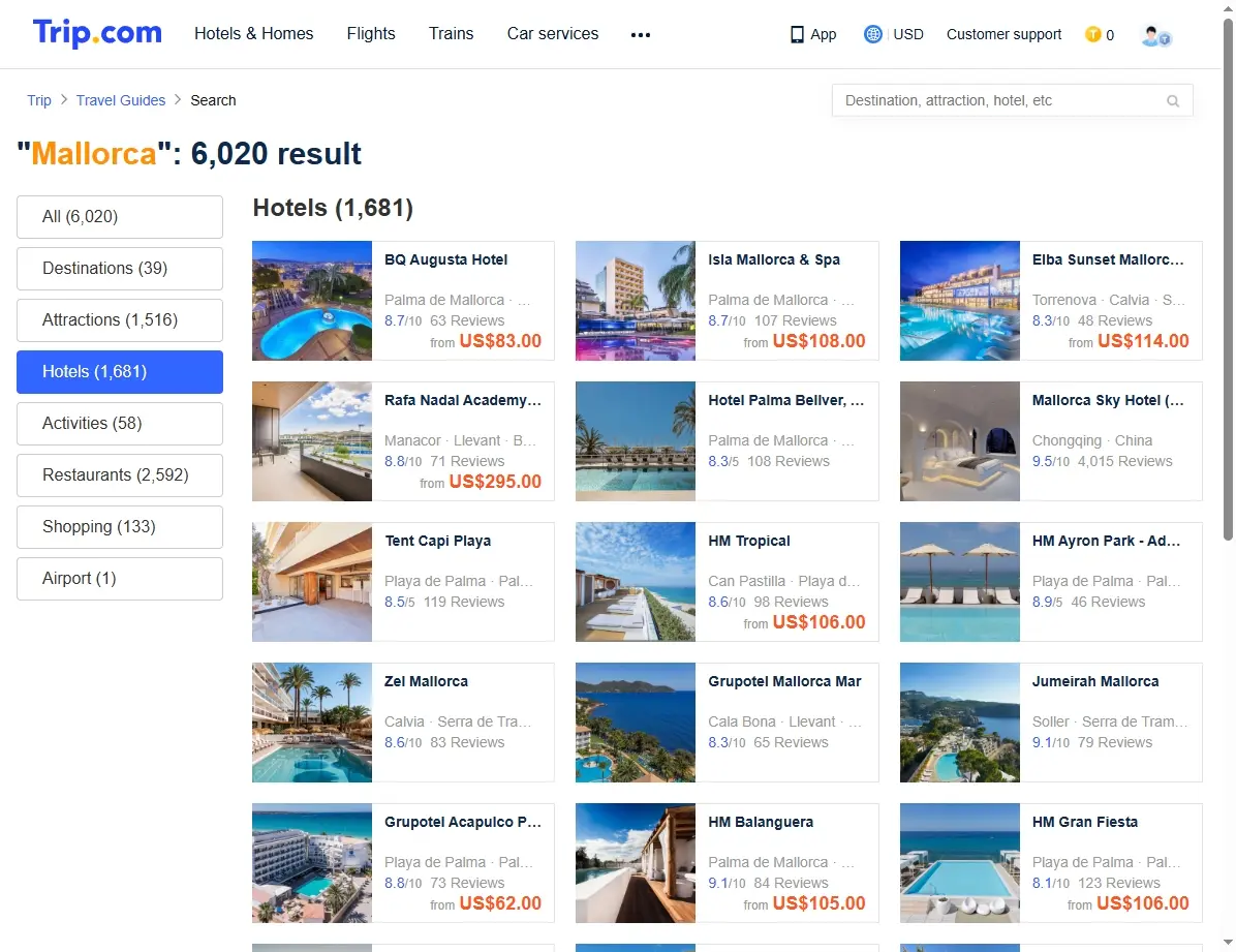 Screenshot von Hotel-Angeboten auf Mallorca