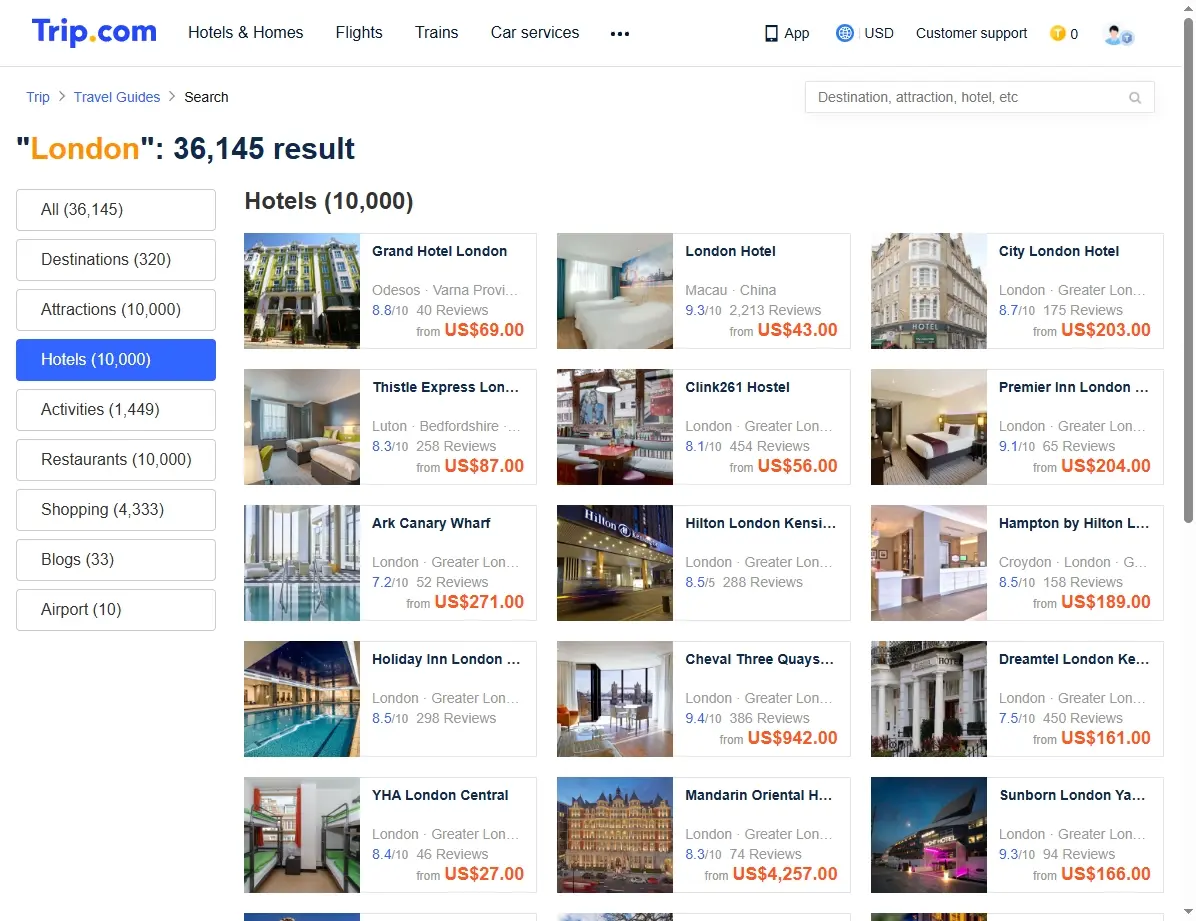 Screenshots von Hotelangeboten in London