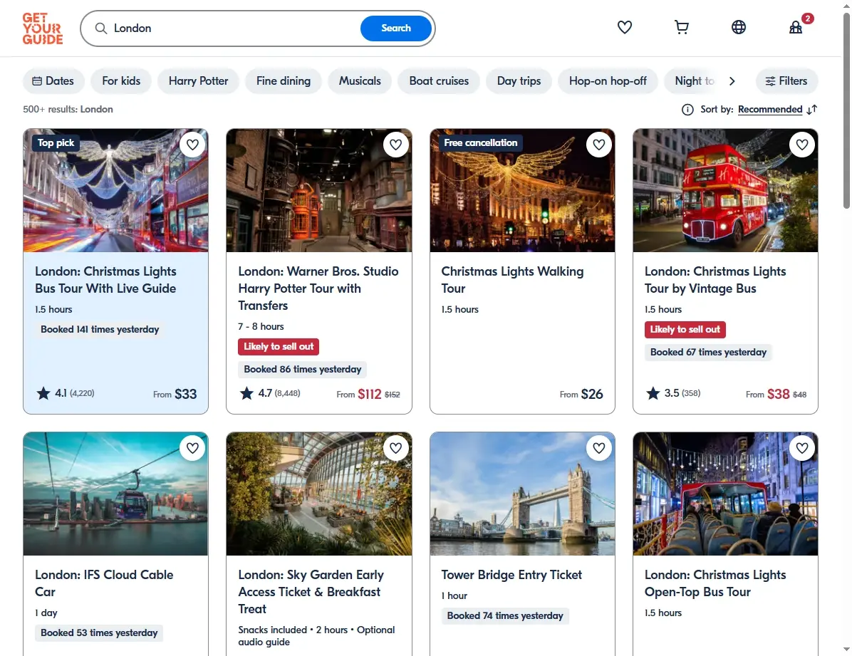Screenshots von Aktivitäten und Touren in London