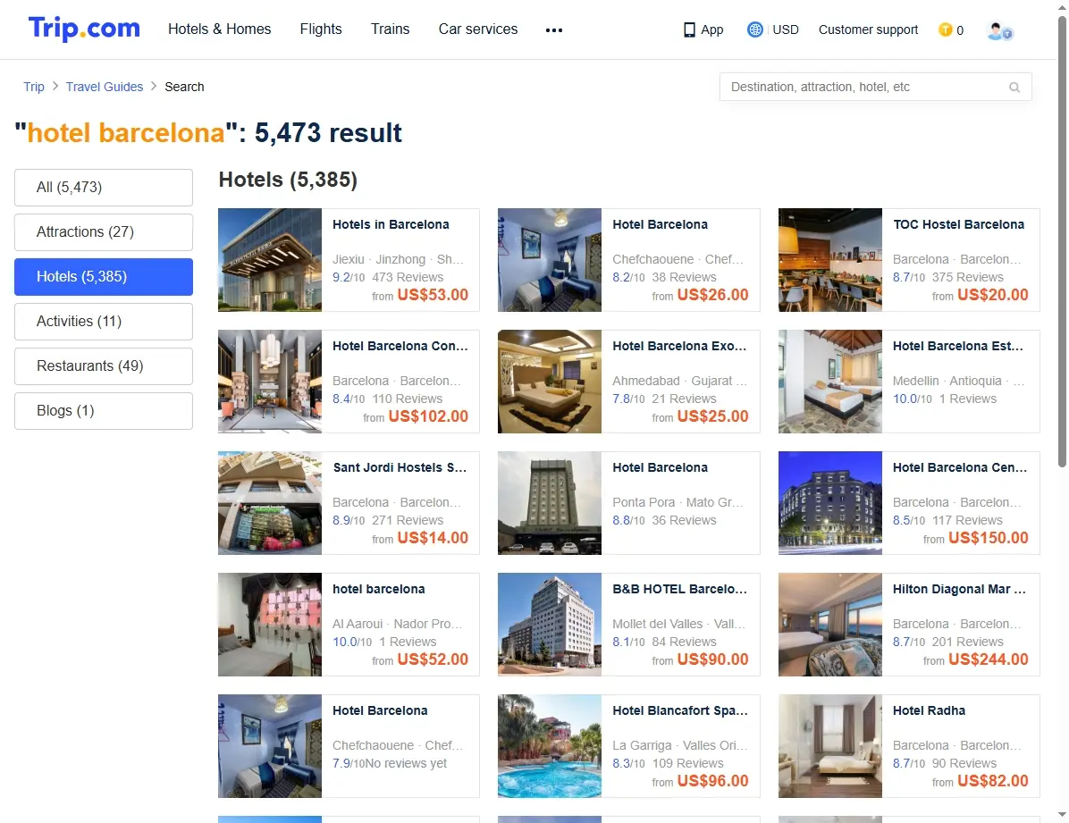 Screenshot einer Hotel-Buchungswebsite mit Barcelona-Angeboten