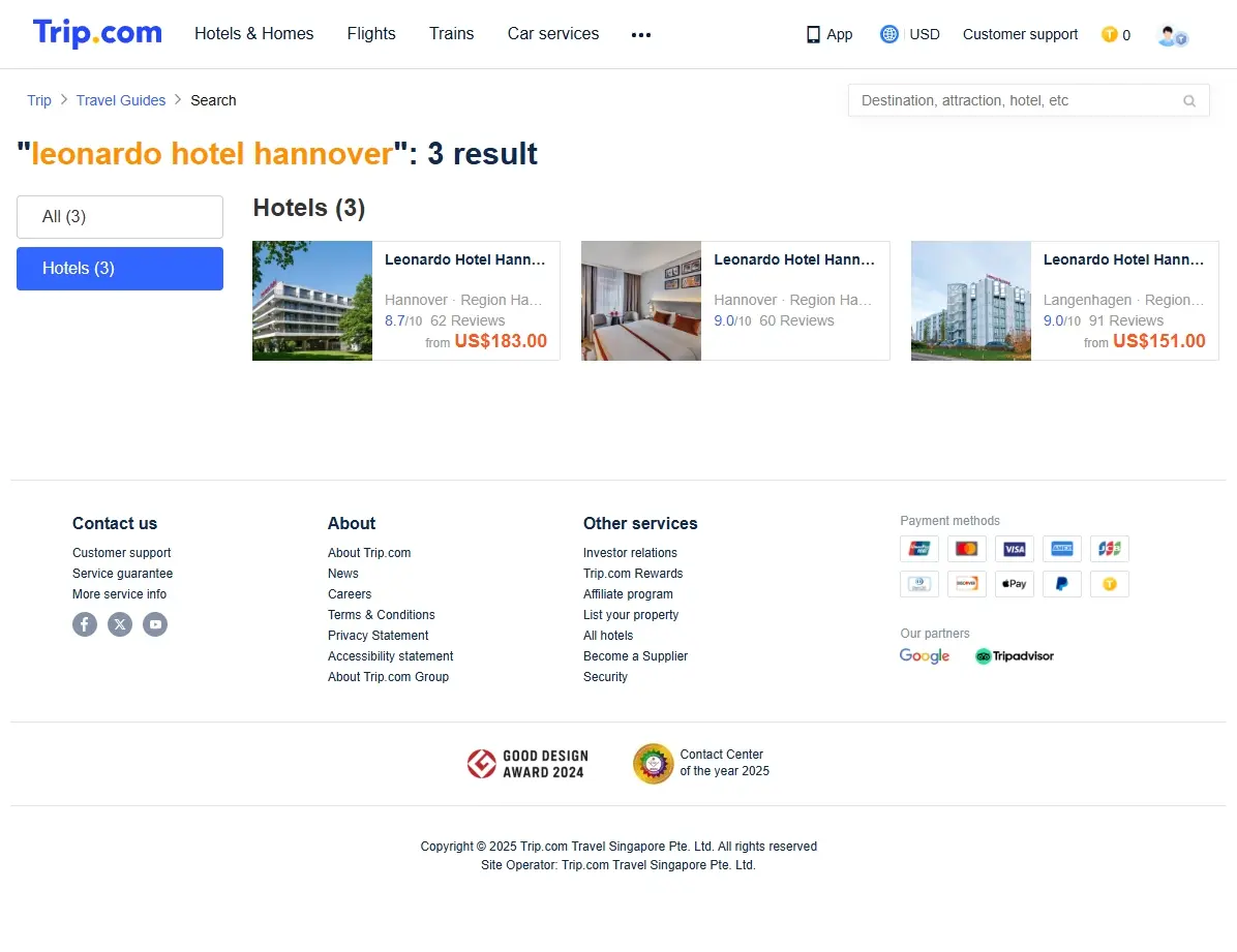 Screenshot einer Website mit Hotelangeboten für das Leonardo Hotel Hannover