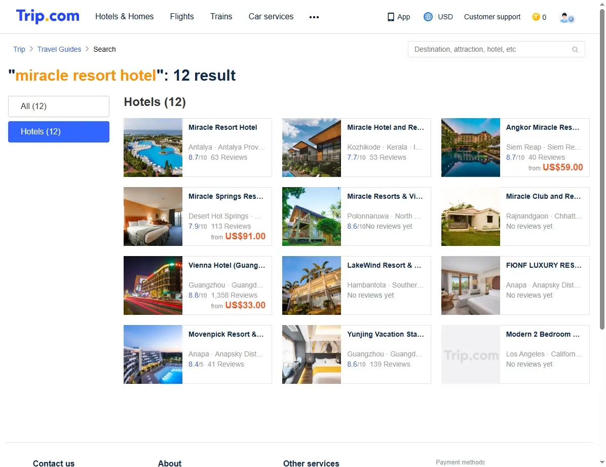 Screenshot einer Website mit Hotelangeboten für das Miracle Resort Hotel