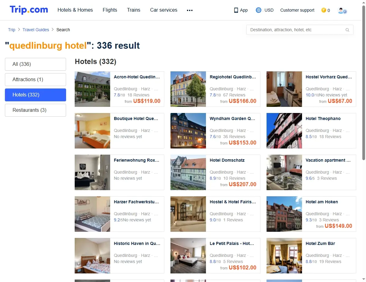 Screenshot einer Website, die Hotelangebote für Quedlinburg anzeigt.