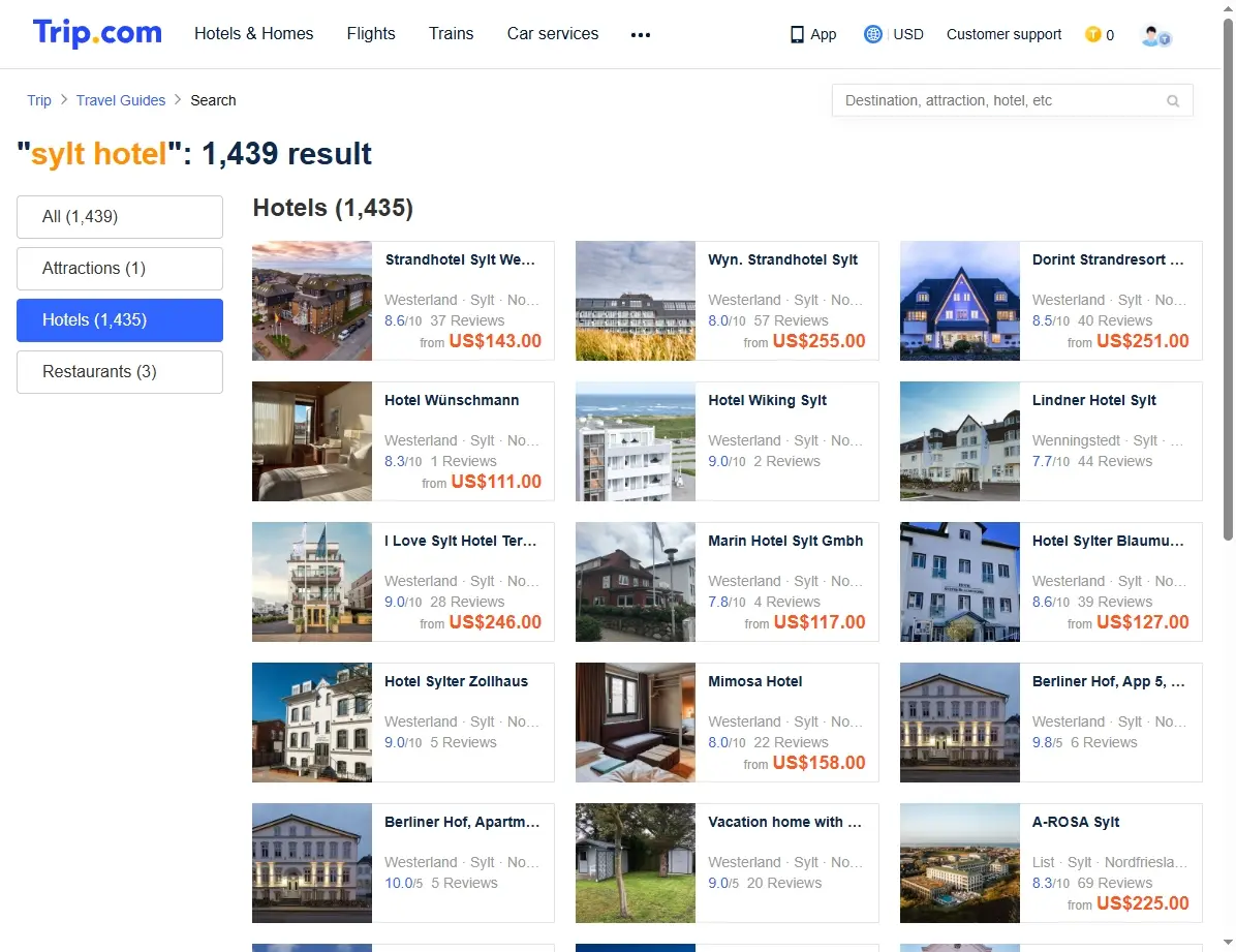Screenshot einer Website, die Hotelangebote für Sylt anzeigt