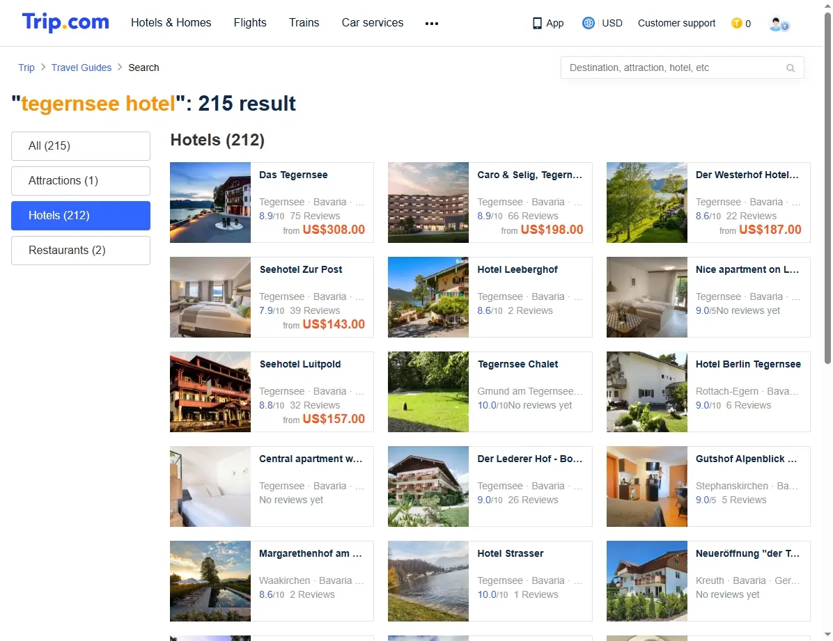 Screenshot einer Hotelbuchungsseite mit Angeboten für Tegernsee Hotels.