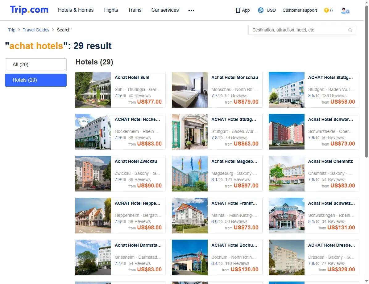 Screenshot einer Website mit Hotelangeboten und Sonderpreisen.