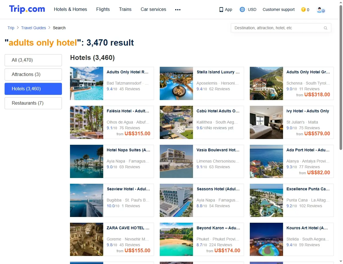 Screenshot von Hotelangeboten für Adults Only Hotels