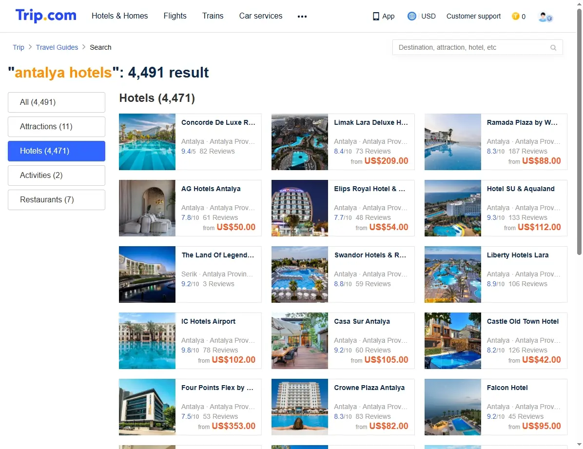 Screenshot einer Website mit Hotelangeboten in Antalya