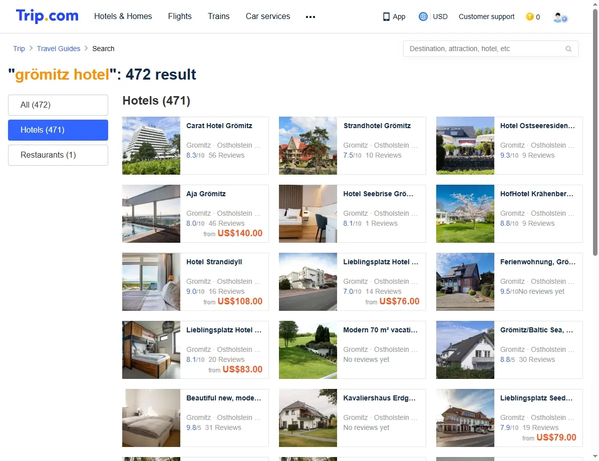 Screenshot von Hotelangeboten in Grömitz