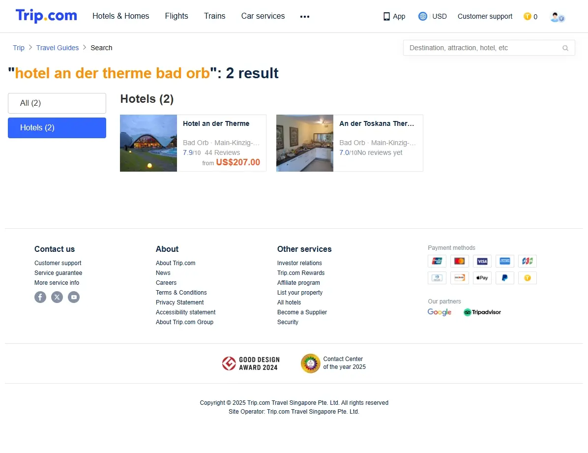 Screenshot einer Website mit Hotelangeboten in Bad Orb.