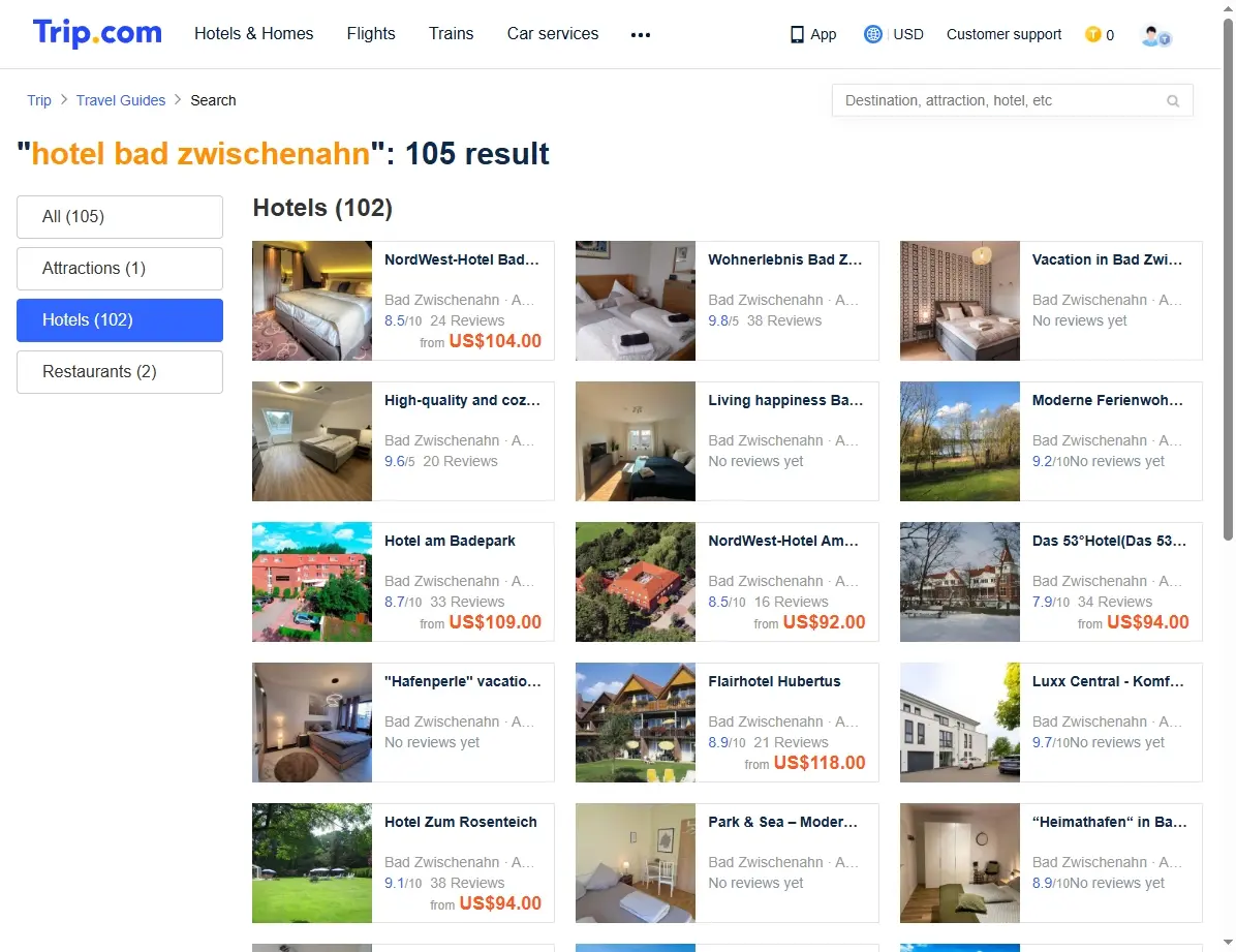 Screenshot einer Buchungsseite mit vielen Hotelangeboten für Bad Zwischenahn