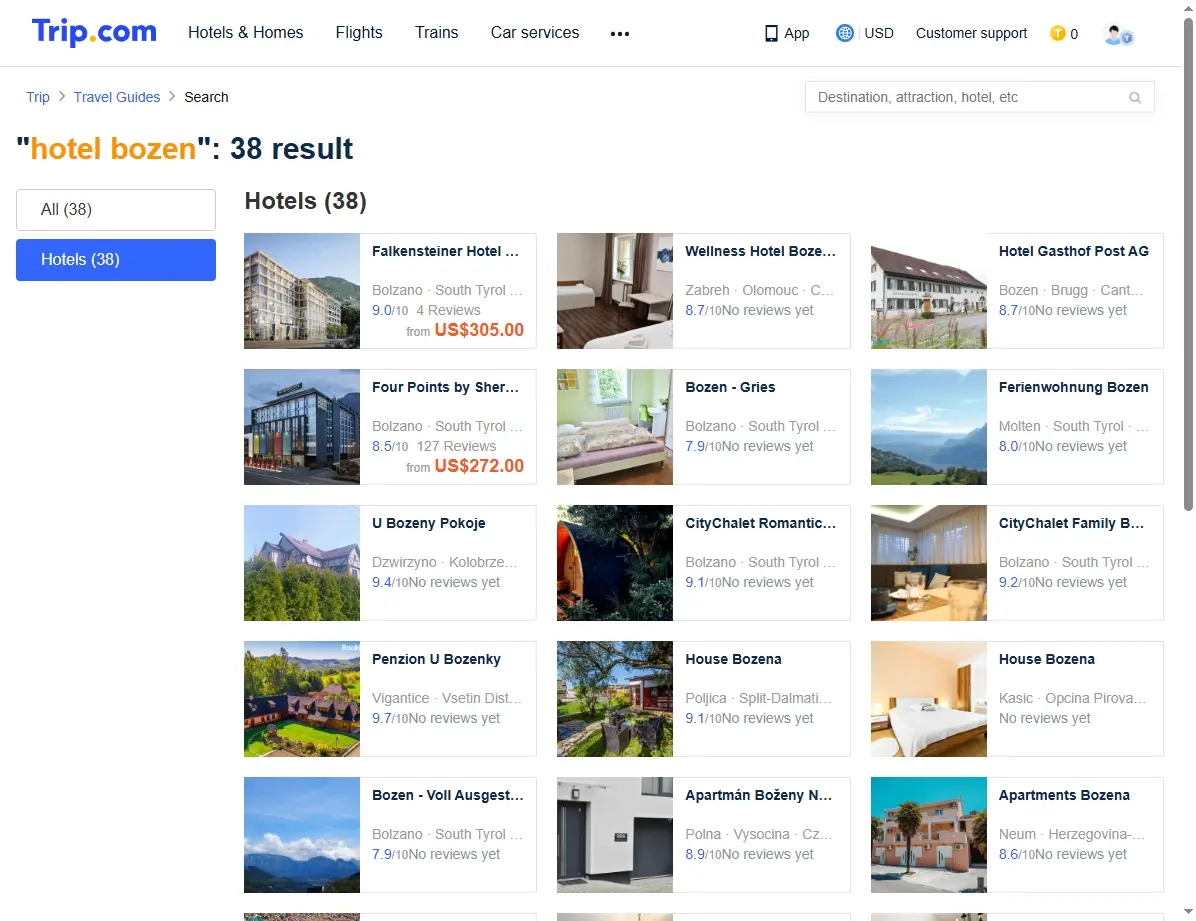 Screenshot einer Buchungsseite, die spezielle Hotelangebote in Bozen zeigt.