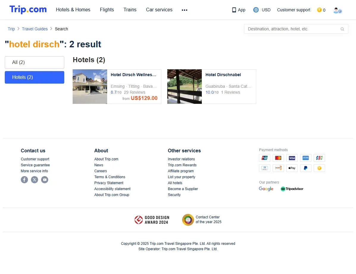 Screenshot einer Website, die Hotelangebote für das Hotel Dirsch zeigt