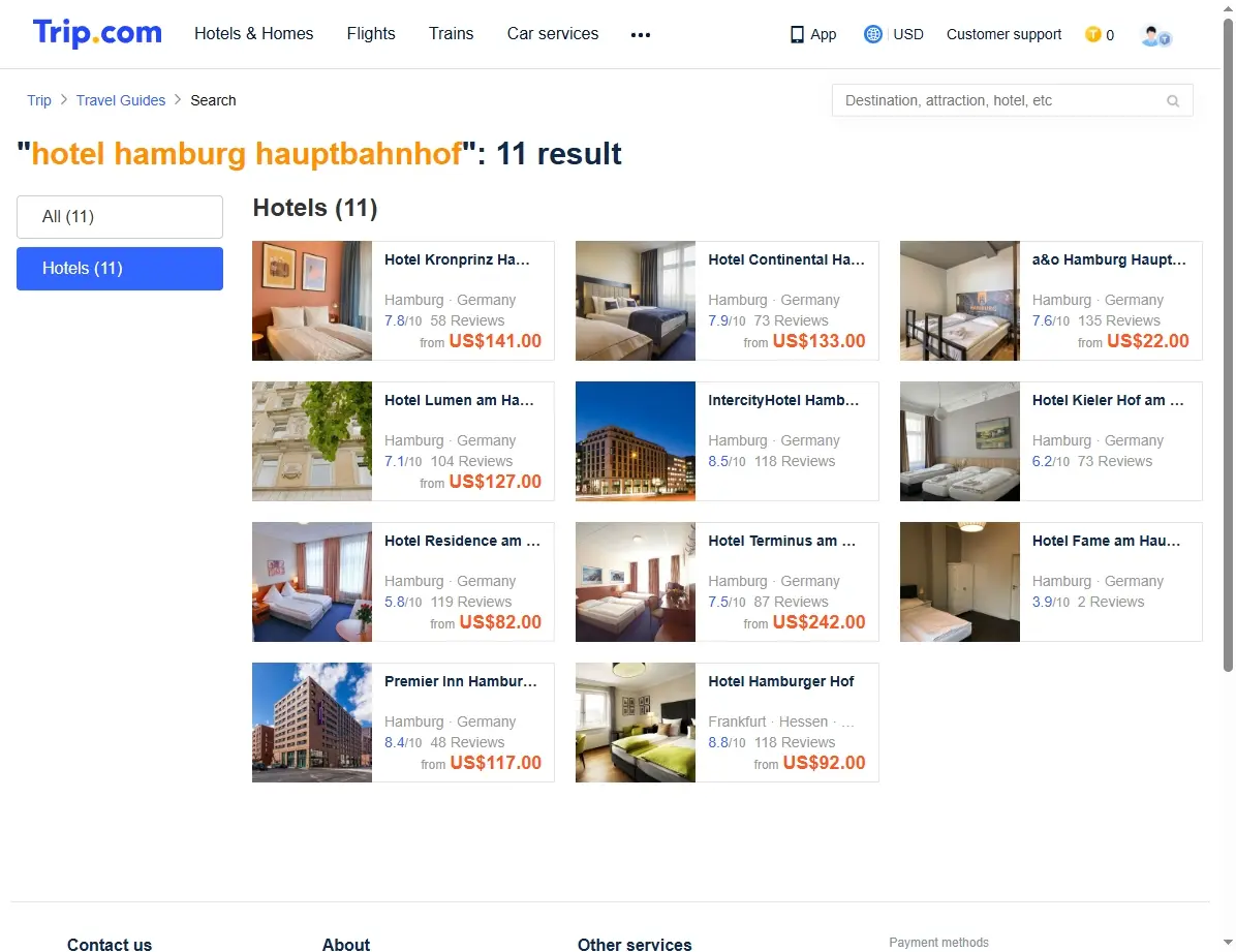 Screenshot von Trip.com Hotelangeboten