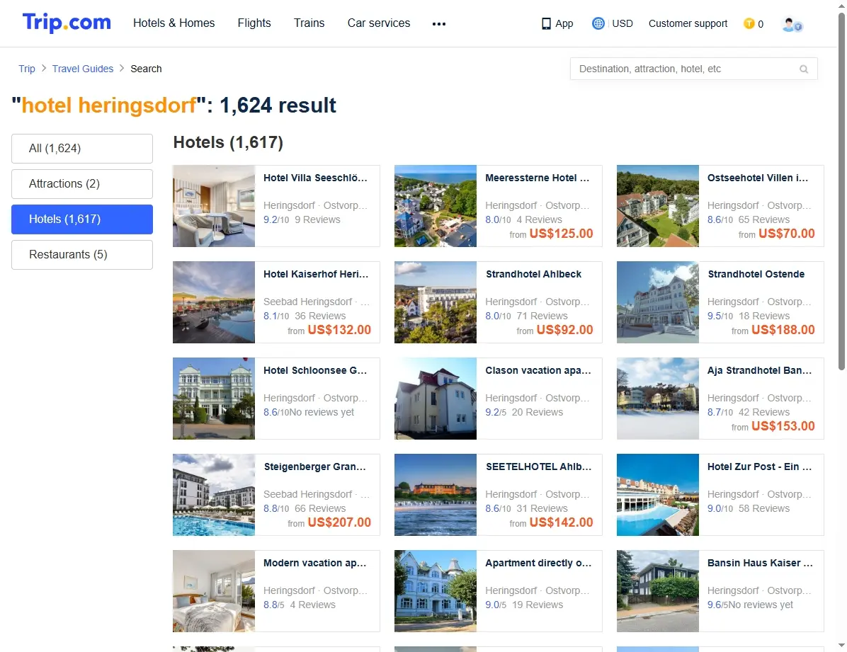 Screenshot mit Hotelangeboten für Heringsdorf
