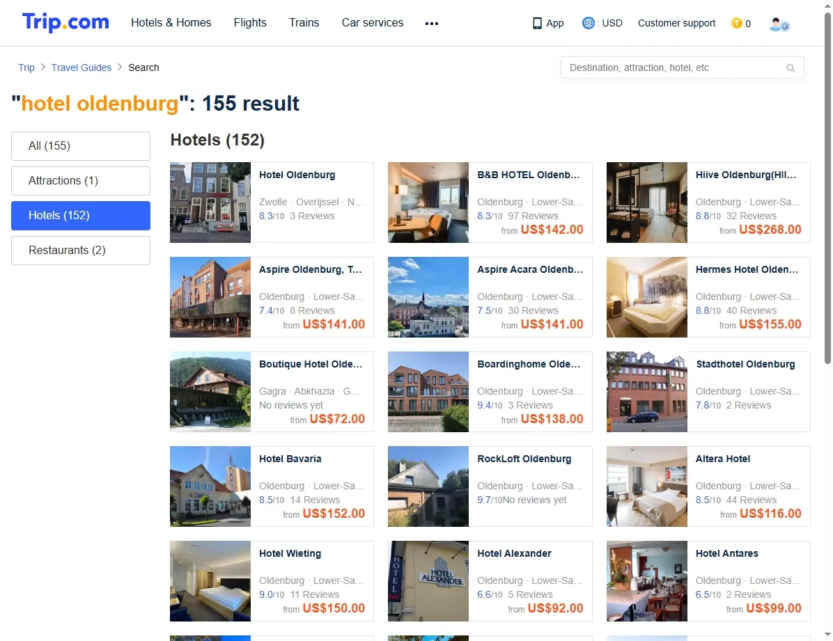 Screenshot eines Buchungsportals mit Hotelangeboten in Oldenburg
