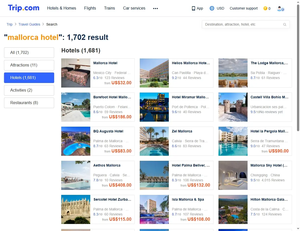 Screenshot einer Website, die Hotelangebote für Mallorca zeigt.