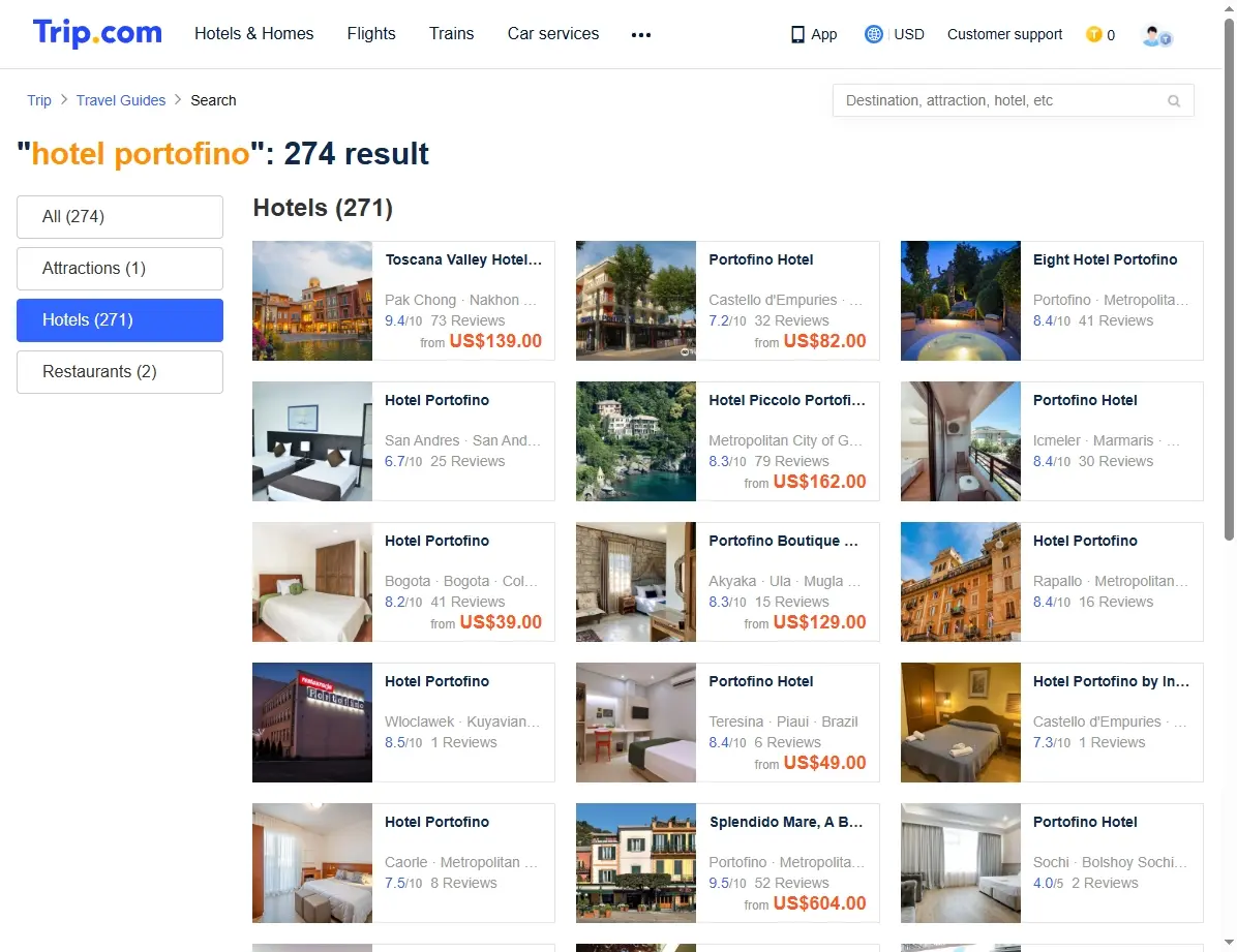 Screenshot von Hotelangeboten für Portofino