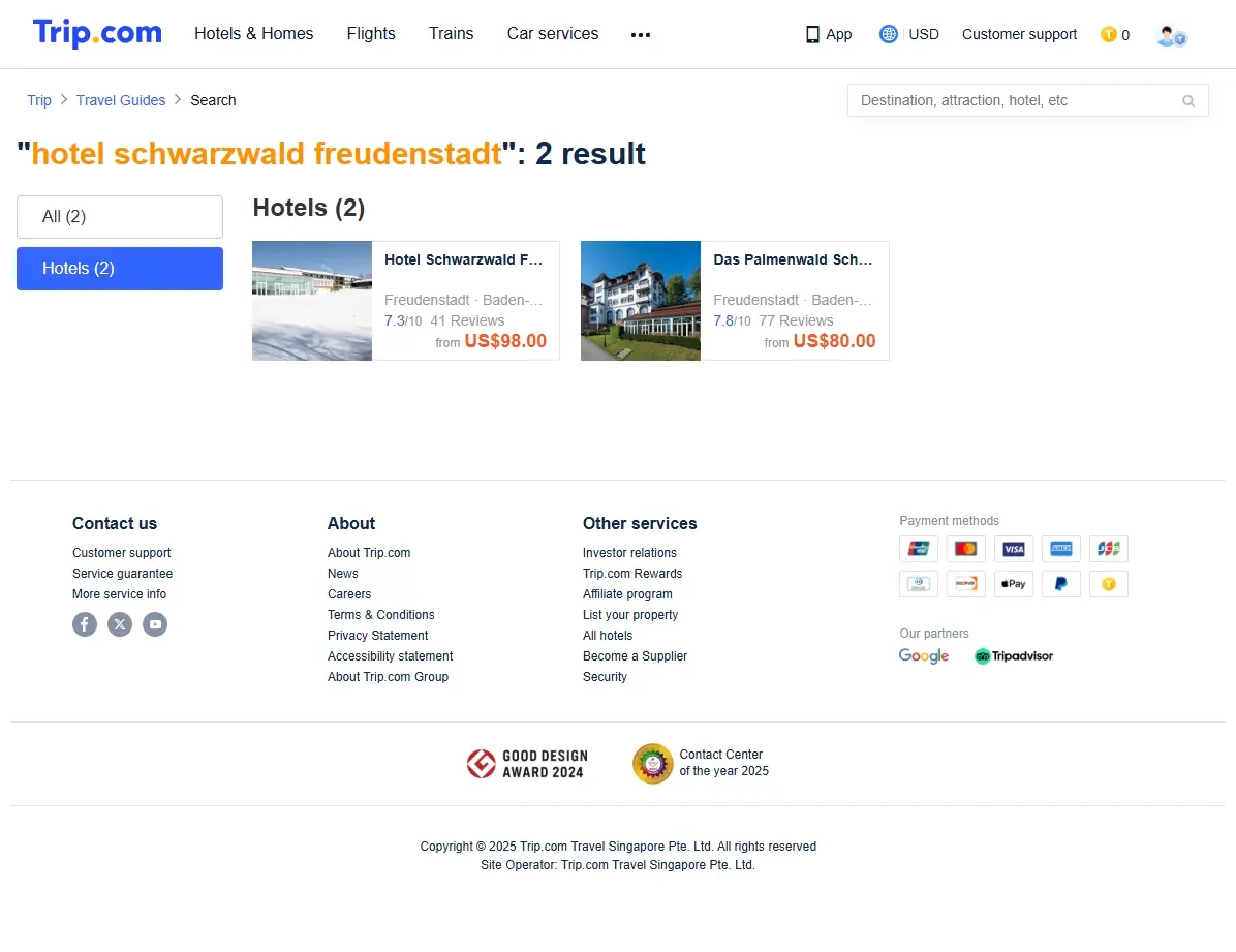 Screenshot einer Buchungsplattform mit Hotelangeboten in Freudenstadt