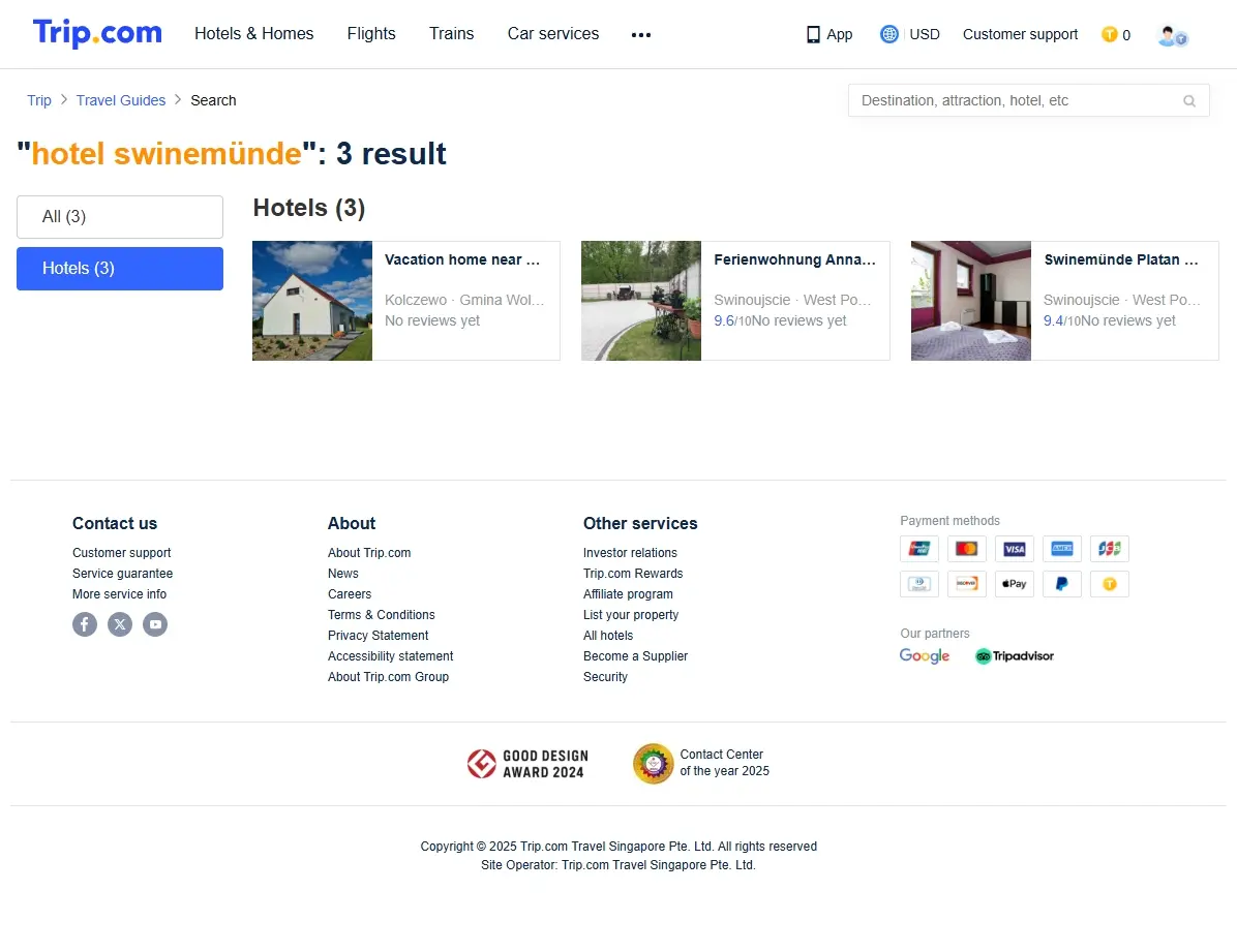 Screenshot einer Website mit Hotelangeboten in Swinemünde