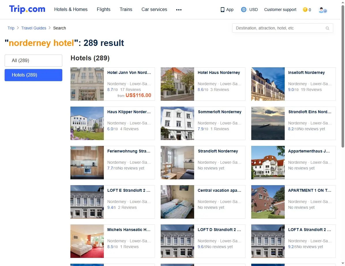 Screenshot von Hotelangeboten auf Norderney