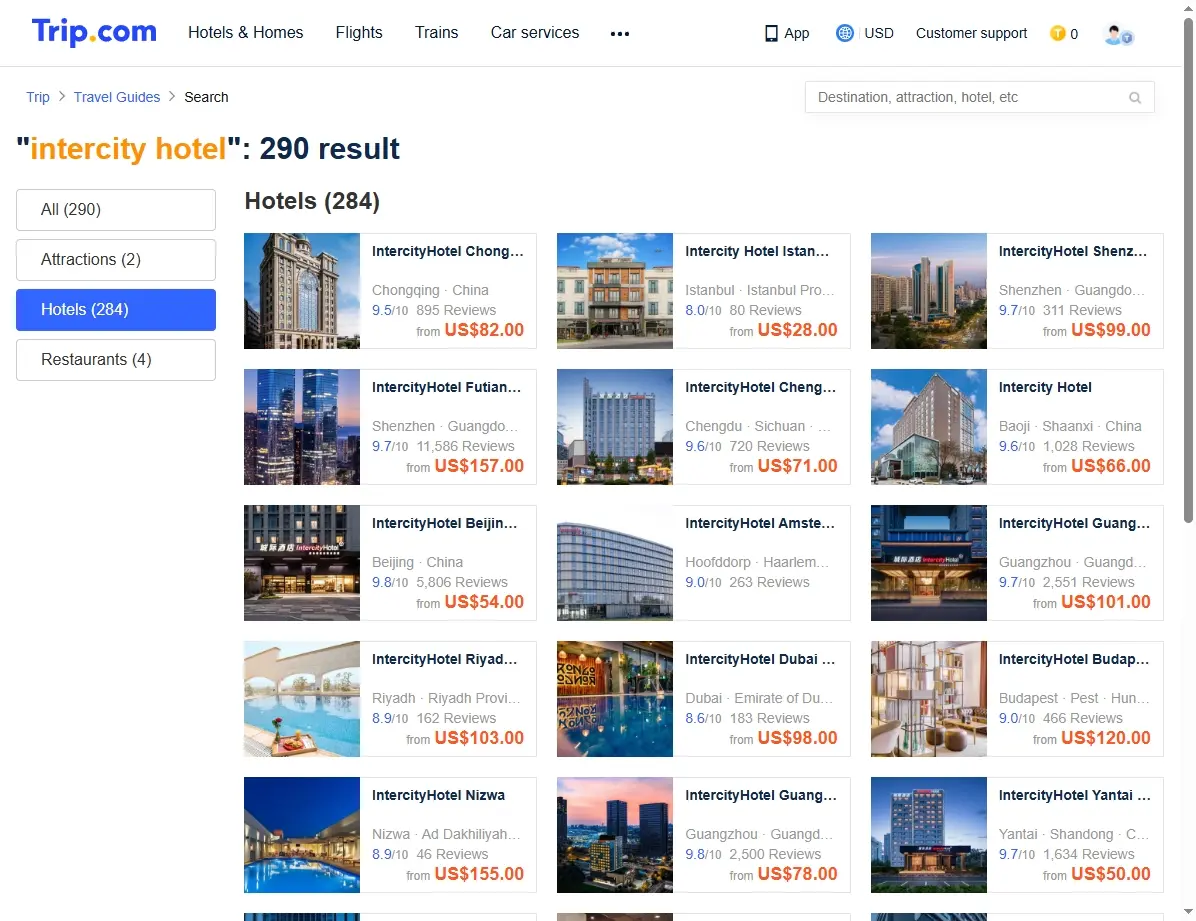 Screenshot von Hotelangeboten für Intercity Hotels auf einer Buchungsplattform.